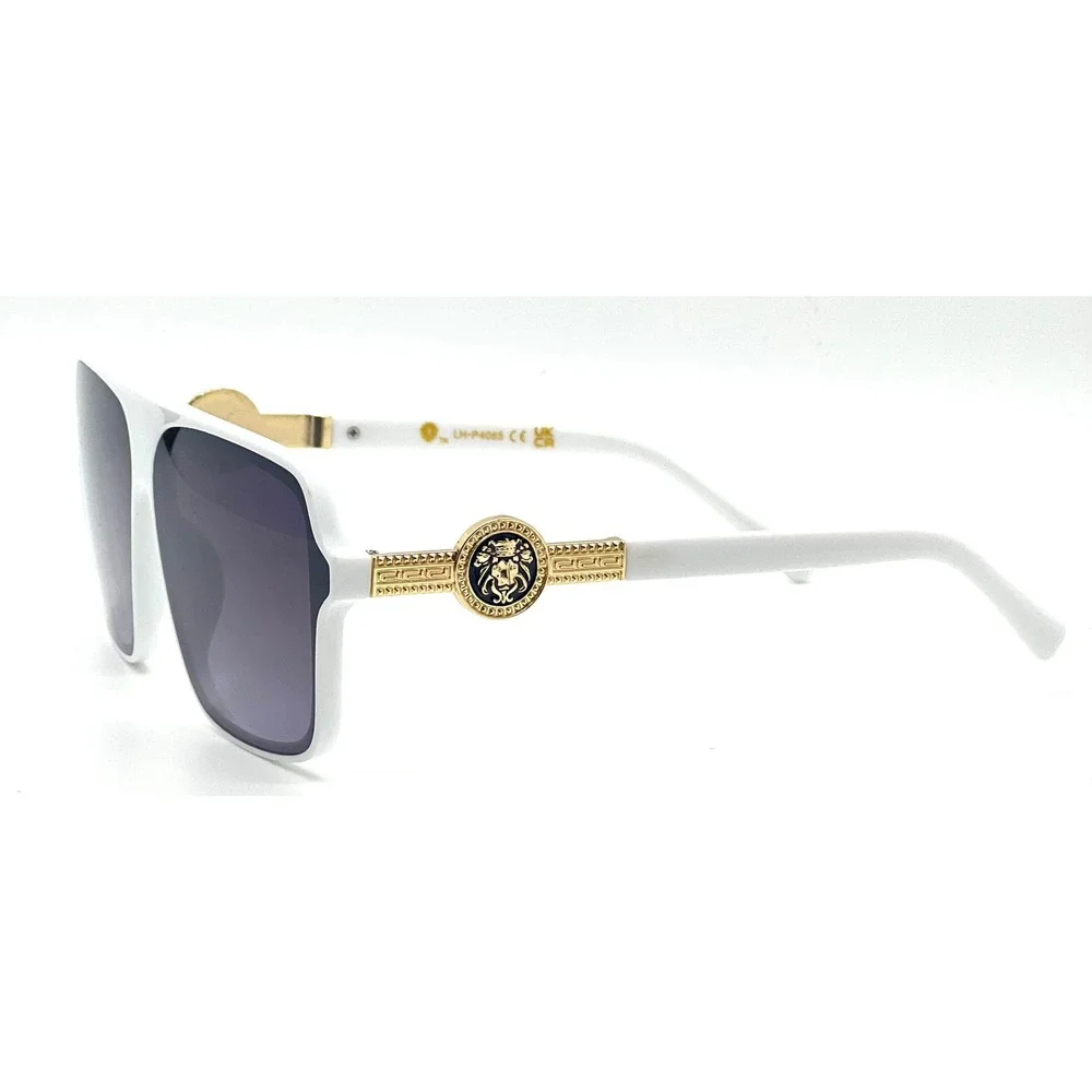 Mens White Oversized Square Sunglasses Gold‎ Lion Head Medallion Streetwear Rap